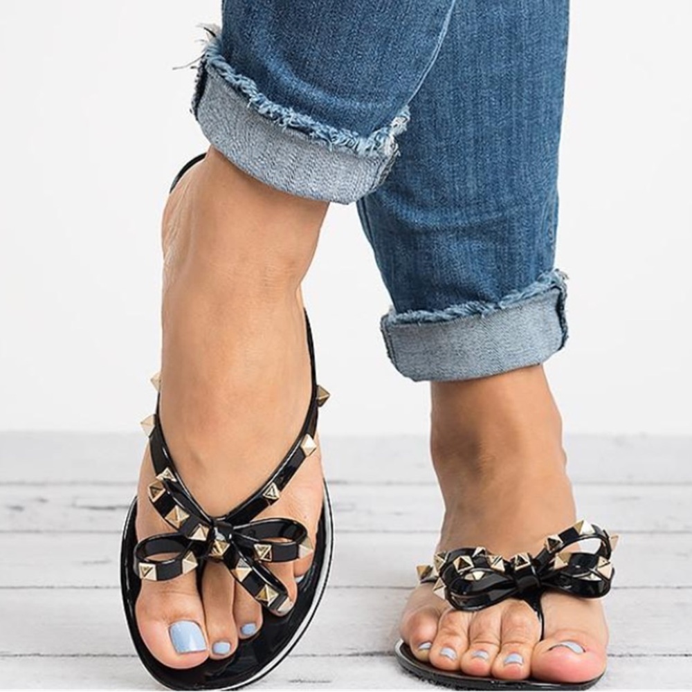 Gold Studded Bow Jelly Thong Sandal